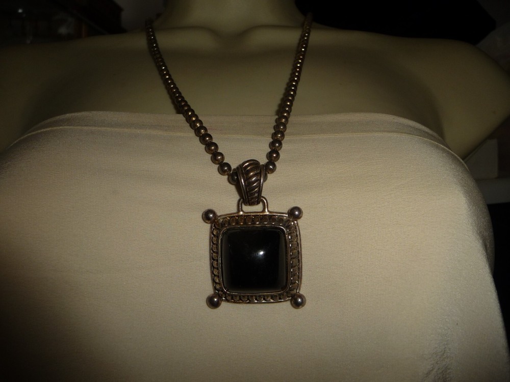 PD PENDANT SILVER TONE L BLACK STONE w HEAVY BALL BEAD CHAIN NECKLACE #26/19K