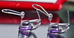 14k white gold 3.10ct amethyst diamond omega back earrings handmade 3.85gr