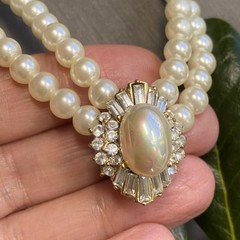 Vintage Pearl Necklace Crystal Halo Pendant Estate Jewelry Pre-Owned Glamourous