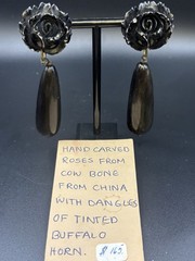 VTG MASHA ARCHER HAND CARVED ROSES/COW BONE. DANGLES OF TINTED BUFFALO HORN.
