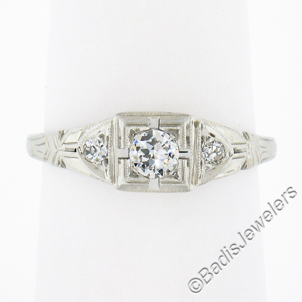Antique Art Deco 18k White Gold 0.24ctw European Diamond Milgrain Engraved Ring