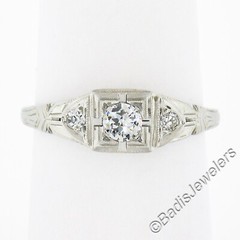 Antique Art Deco 18k White Gold 0.24ctw European Diamond Milgrain Engraved Ring