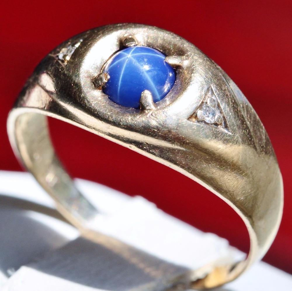 10k yellow gold sz 9.25 ring 0.70ct lab-created blue star sapphire diamond 3.35g