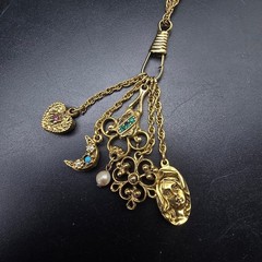 Etruscan Revival Charm Necklace Watch Fob Gold Tone Cameo Goldette Style