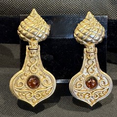 Vintage Gold Tone Etruscan Revival Amber Dangle Earrings Runway Statement 80s