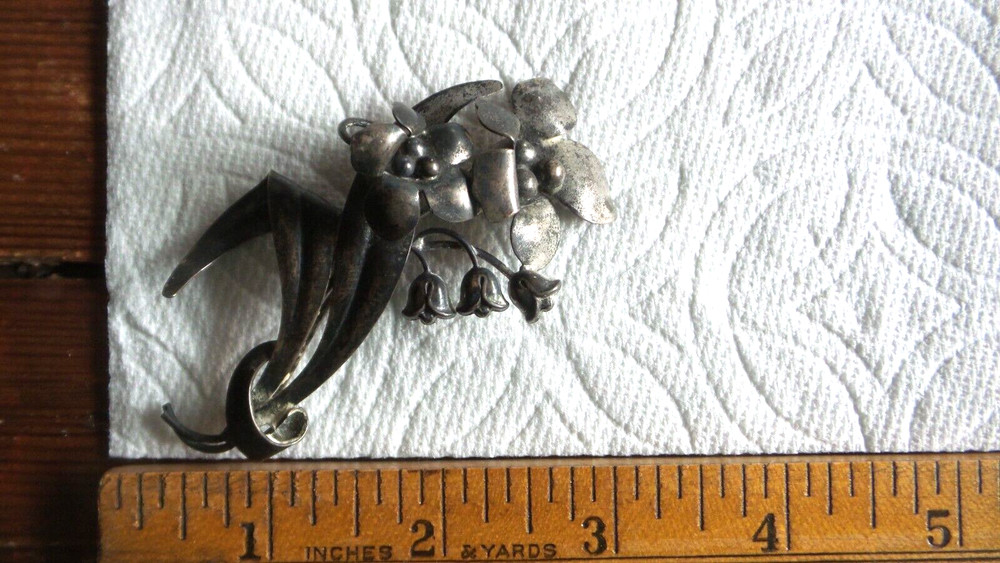 Vintage Antique BROOCH, PIN Sterling Silver Flower 3-1/8″