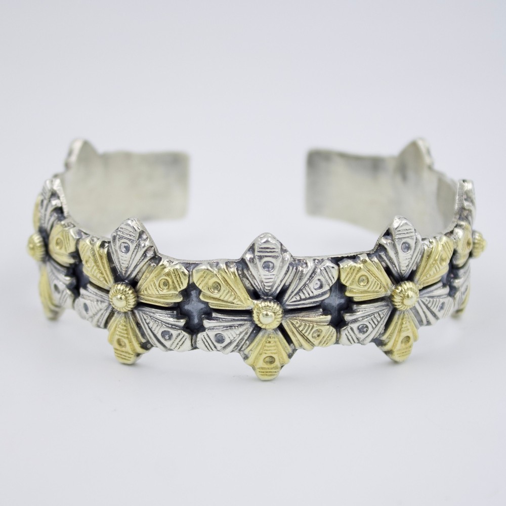 Vintage Handmade Dual Tone Etched Statement Cuff Bracelet in Sterling Silver