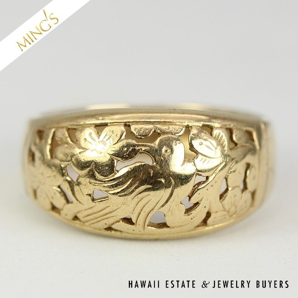 Ming’s Hawaii Bird in Plum Dome 14K Yellow Gold 10mm Ring Size 6.25