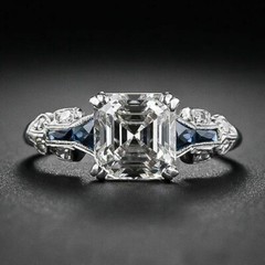 Art Deco Asccher Cut Lab Created Diamond & Sapphire Wedding 925 Silver Ring