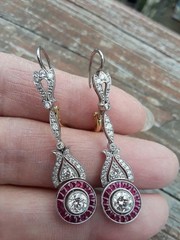 Art Deco Style Lab Created Diamond & Ruby 14K White Gold FN Drop/Dangle Earrings
