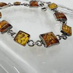Vintage Sterling Silver Amber Link Bracelet 8.5-9.75” Adjustable 13.7g