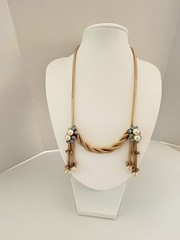 Vintage Gold Tone Festoon Snake Chain Necklace Faux Pearl Aqua Rhinestone 15”