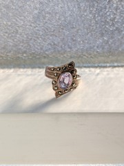 VTG SterlingSilver FAS Marcasite Amethyst Shield RingS6.5 February Birthstone