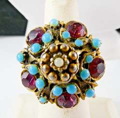 Vintage Rhinestone Cocktail Ring Adjustable Size 6 Faux Turquoise Amethyst Retro