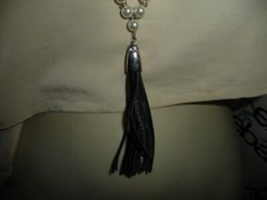 WHBM GRADUATED FAUX PEARLS SILVER TONE SPACERS w BLACK TASSEL NECKLACE #23/5A