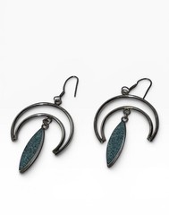 Vintage Alpaca Mexico Modernist Double Crescent Turquoise Inlay Dangle Earrings