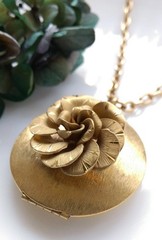 WWII 1940s Locket Necklace Russian Gold Picture Locket Brushed Goldtone Rose