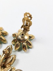 Green Rhinestone Flower Pin Brooch and Earrings Set 3D MCM 60’s Estate