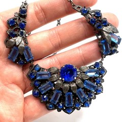 1930s Czech Blue Glass Rhinestone Pot Metal Floral Bib Necklace