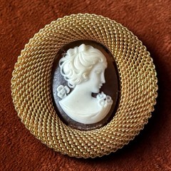 Cameo Brooch Pin Gold Tone Mesh Vintage Lady Portrait Victorian Revival