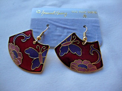 VINTAGE SAMUEL HUANG CLOISONNE BUTTERFLY FLORAL FAN PINK PURPLE & RED EARRINGS