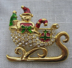 3 CHRISTMAS BROOCHES TREES + SLEIGH with RHINESTONES ~ SIGNED ROMAN & OTHERS