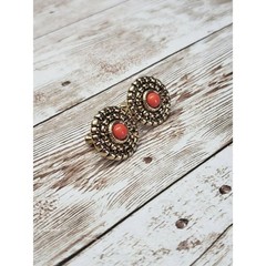 Vintage Screw On Earrings – Gold Tone Red Center Round Circle 0.75″