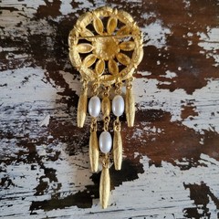 Signed Tona Brushed Goldtone Dream Catcher Style Brooch With Faux Pearl Beads