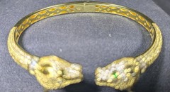FZN 925 Gold Played Sterling CZ Panther Hinged Bangle Bracelet 6 3/4″ Green Eyes