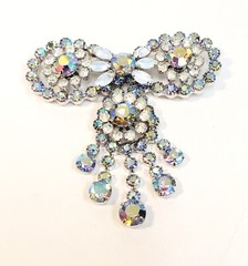 Vintage Givre Blue AB Rhinestone Large Bow Brooch Dangles Large