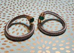NOS! Cable Classic Style Twotone Earrings Rhinestones & Green cabochon Glass