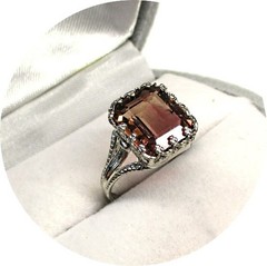 Lovely – Amber-Pink TOURMALINE Ring – Art Deco Filigree 14k Solid White Gold..