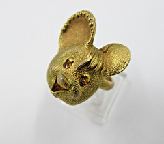 Unique Vintage Cartoon Mouse Ring Brushed Gold Tone Rhinestone Eyes Size 5