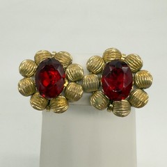 Vintage Coro Earrings Wired Petals Gold Tone Red Lucite Centers Clip On Signed