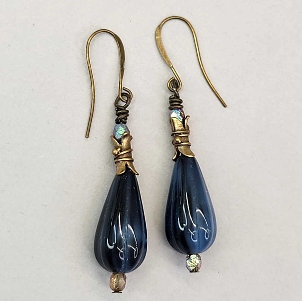 Vintage Czech Glass Bead Pierced Earrings Blue Teardrop Dangles Gold Tone 2.25″