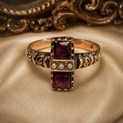 Antique Victorian, Ring, Garnet And Seed Pearls, 10 K Gold