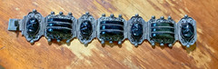 VTG Mexico Sterling Silver BANDED BLACK Onyx Bracelet Carved Mask Face 6O GRAMS