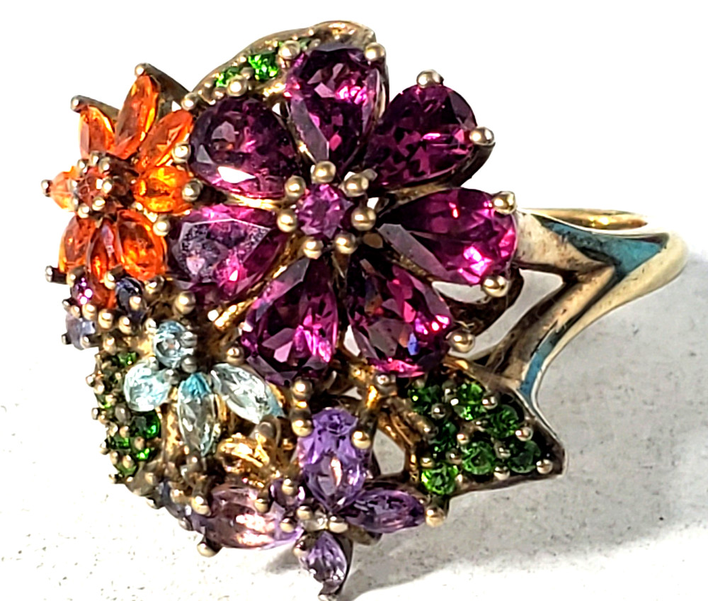 Vtg Sterling Silver Colorful Multi Gemstones Flower Style Ring Lot Sz ~11.75
