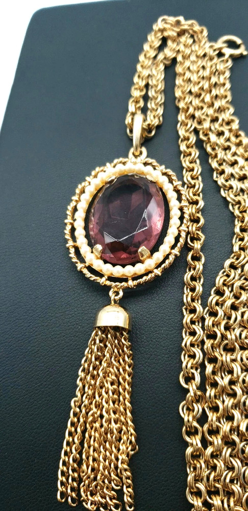 Vintage Avon Amethyst Glass Faux Seed Pearls Victorian Style Necklace 29″