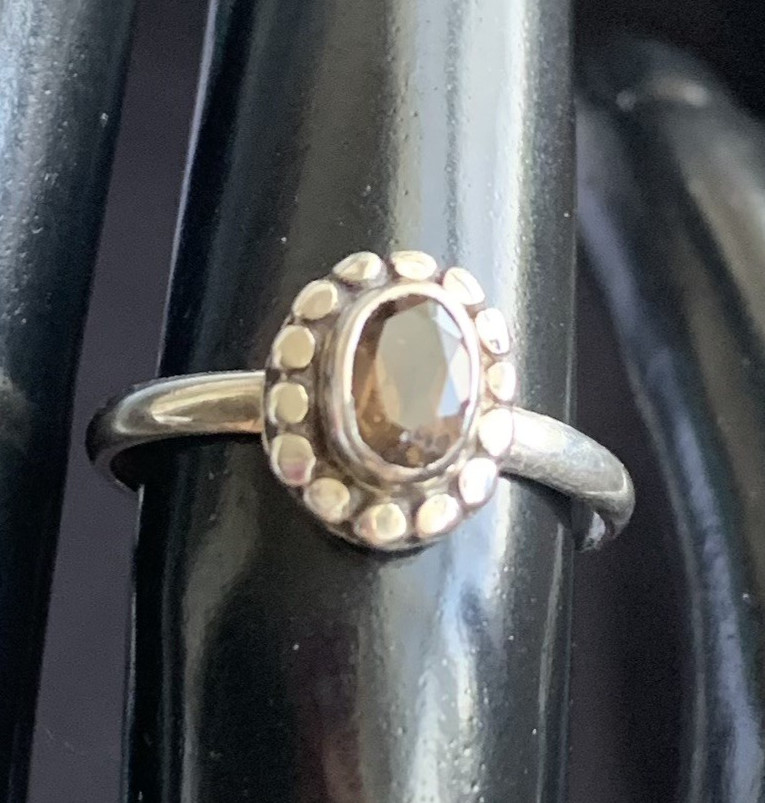 Sterling Silver 925 Smoky Quartz Ring, Handmade Bezel Set Oval Beaded Halo S 6.5