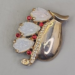 Vintage Brooch Odd Shape Carved Flower Glass Opalite Rhinestone Modernist 1 1/8″