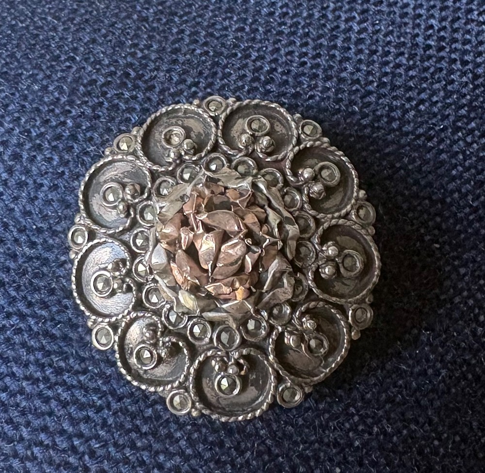 Vintage Brooch Rose Tone Flower Marcasite Pin 800 Silver 1.5″ Made in Greece
