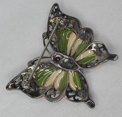 Vintage Sterling Silver Butterfly Brooch Green Yellow Enamel Wings Figural Pin
