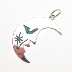 925 Sterling Silver Vintage Real Turquoise Inlay Crescent Moon Charm Pendant