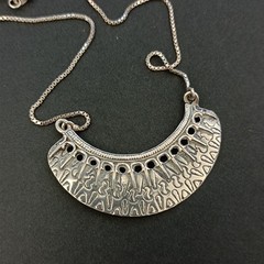 Vintage Sterling Silver Moon Crescent Necklace Ethnic Folk Inspired Engraved Bib