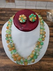 RARE Judy Lee DUCHESSE Peach and Green Mottled Beads/AB Crystals Parure NWT