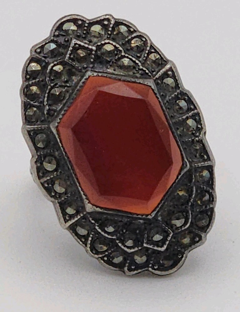 Antique Art Deco Gothic Carnelian Markasite Sterling Silver Vintage Ring Size 6