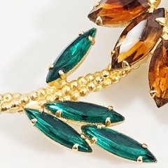Vintage Amber Green Rhinestone Sunflower Brooch Pin Gold Tone Floral 3.25″
