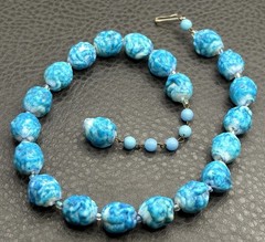 Vintage West Germany Marbled Blue White Beaded Textured Bead Necklace Choker