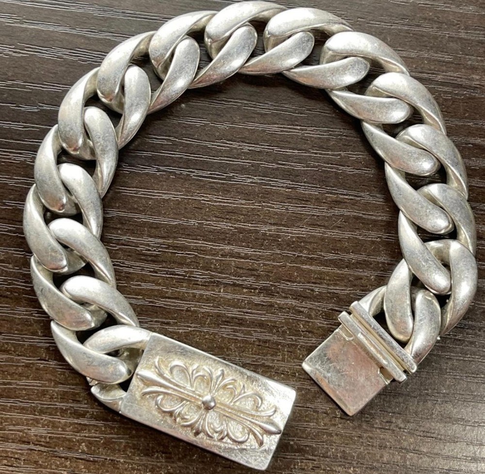 Heavy ~80g Floral Cross ID Bracelet 8.5in Chunky Silver Tone Vintage Gothic